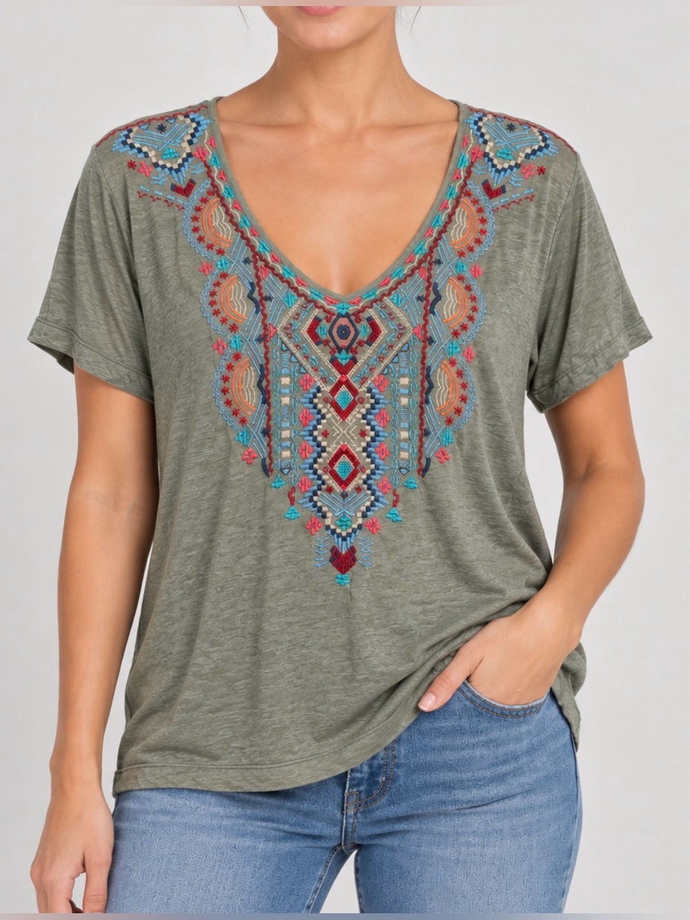 Johnny Was Women’s XL Olive Green Embroidered V-Neck Boho Top